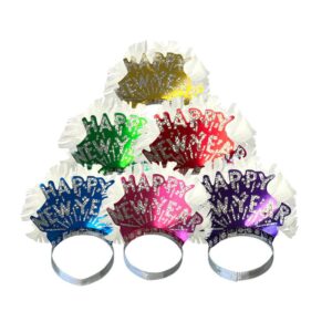Happy New Year Tiara, Assorted Colors with Array of White Feathers - 25/Box