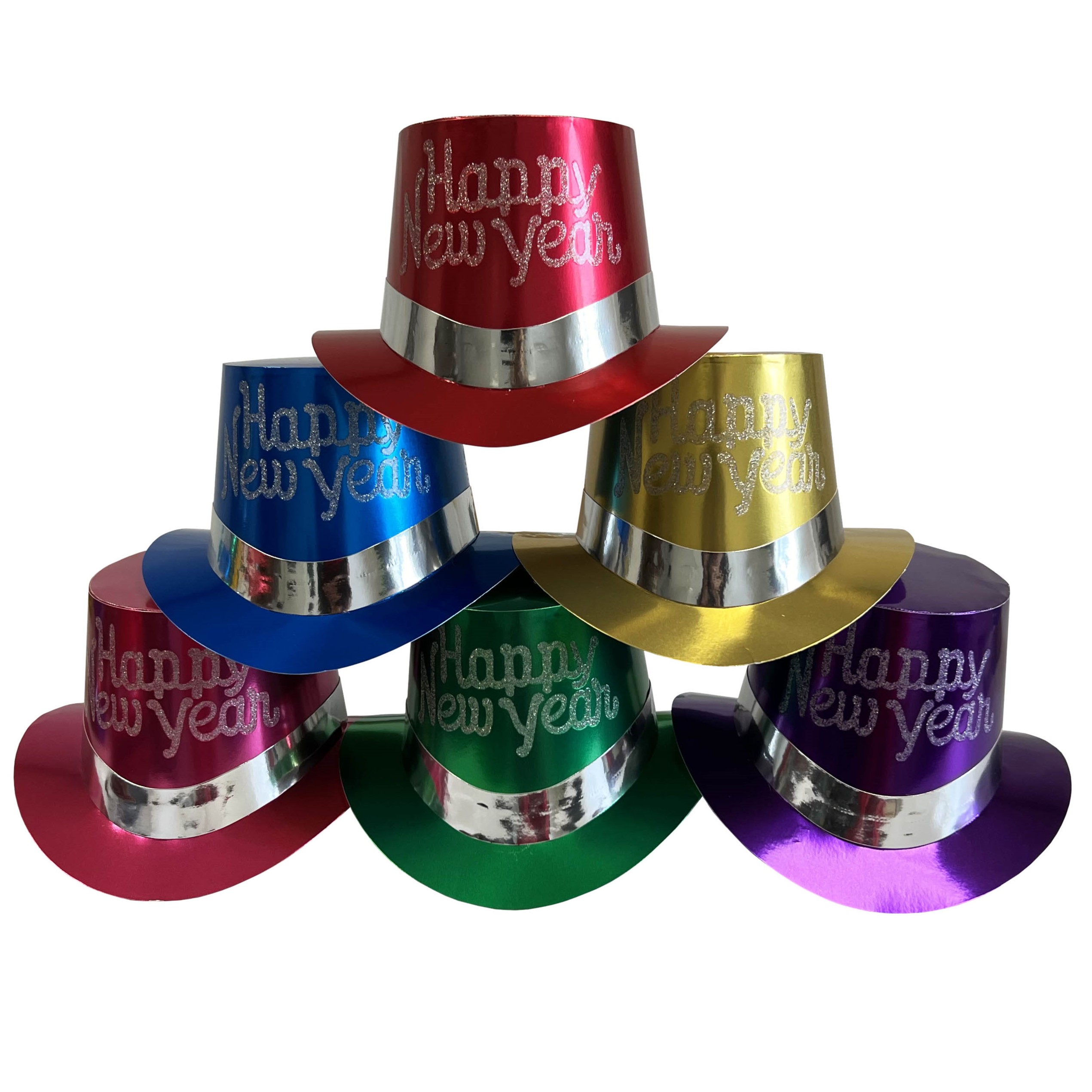 Top Hats, Happy New Year, Paper, Assorted Foils with Glittery Letters - 25 Hats/Box