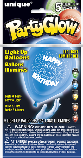 Happy Birthday Light Up Balloons, Astd Colors - 5 Balloons/Pack or 30 Balloons/Case