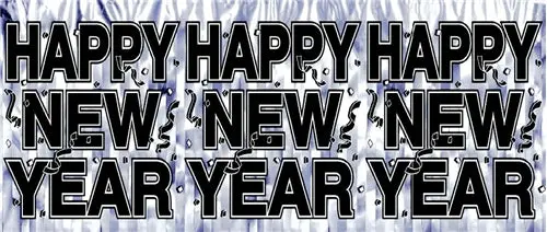Happy New Year Banner, Silver Fringe with Black Letters & Confetti - 1 Banner
