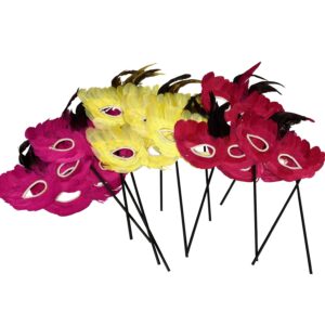 Mardi Gras Feather Mask with Stick - 12 Masks