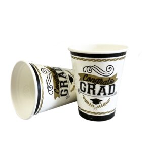 "Congrats Grad" Black, Gold and Silver 9oz Paper Cups - 50 Cups/Pack
