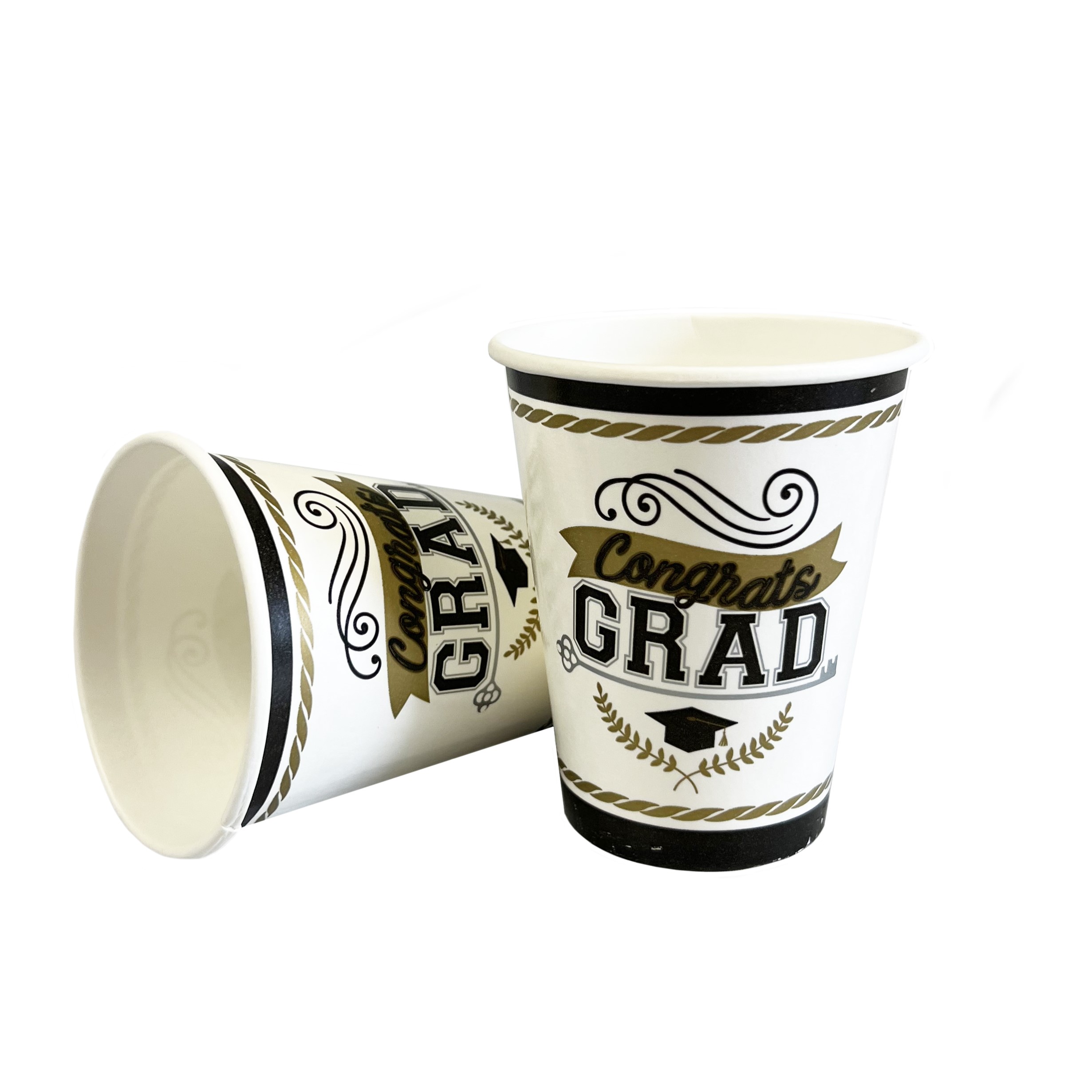 "Congrats Grad" Black, Gold and Silver 9oz Paper Cups - 50 Cups/Pack