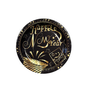 Black and Gold "Happy New Year" 7" Plates - 8 Plates/Pack