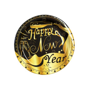 Black and Gold "Happy New Year" 9" Plates - 8 Plates/Pack