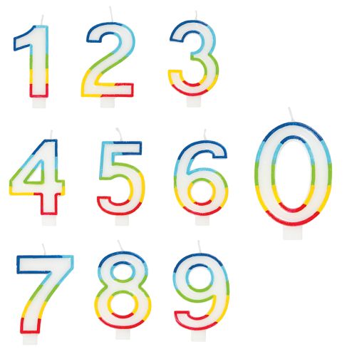 Number Birthday Candles with Rainbow Border - 1 Candle or 6 Candles/Case