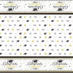 White, Black & Gold Graduation 54" x 107" Plastic Table Cover - 1 Table Cover