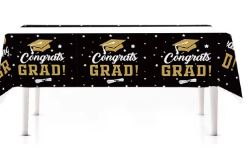 Black & Gold Graduation 42.5" x 42.5" Plastic Table Cover - 1 Table Cover